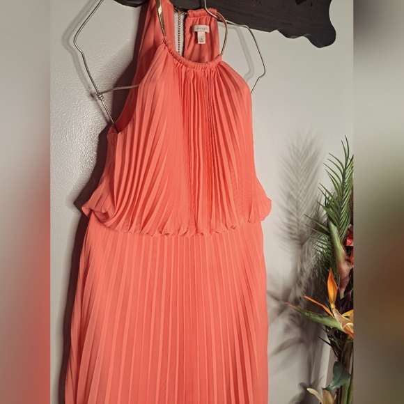 Dress Barn Halter Hardware Neck Pleated Coral Maxi Dress Sz 14 - Picture 1 of 13